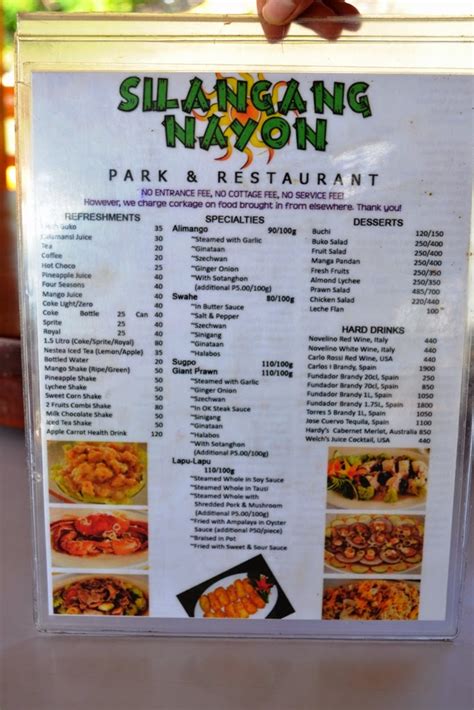 Silangang nayon park and restaurant menu